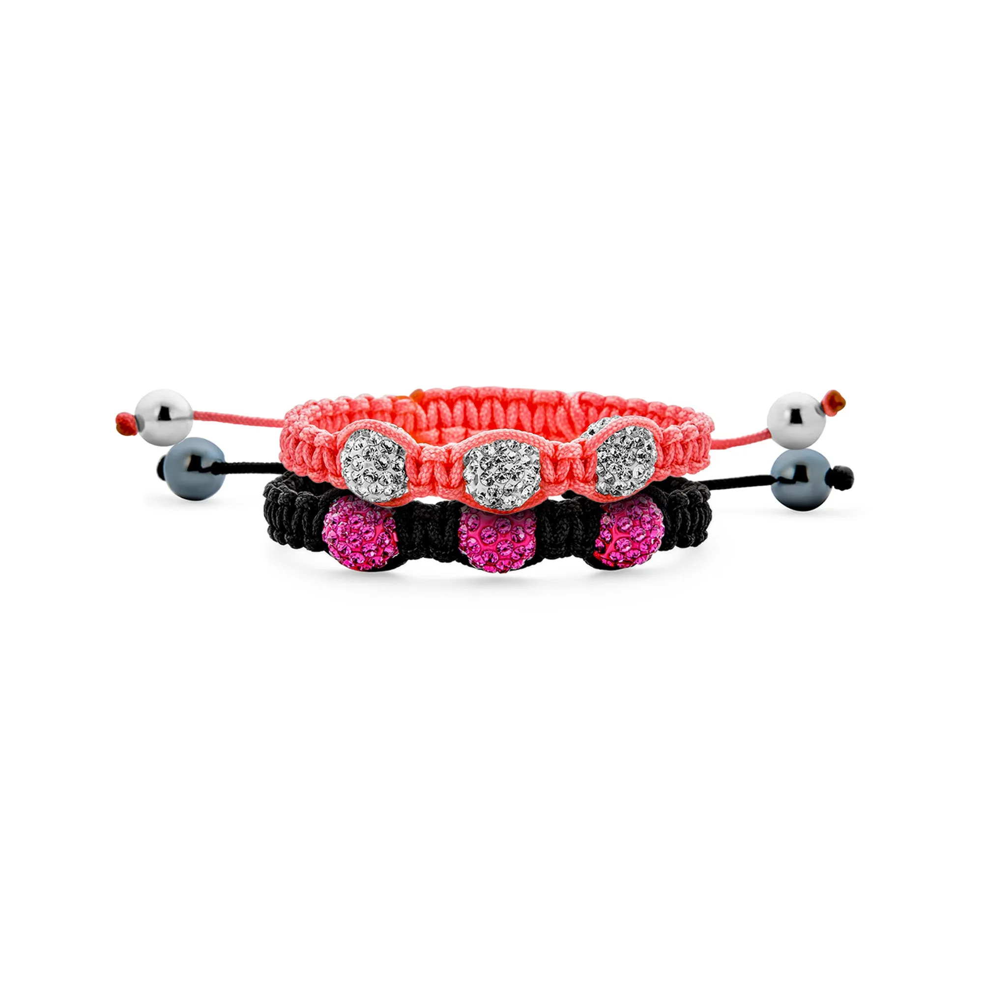 Set of 2 Pink Black Crystal Ball Strand Bracelet for Small Wrist Stackable Cord