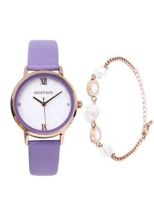 Shireen Rose Gold Leather Watch with Bracelet Set  (Thistle)