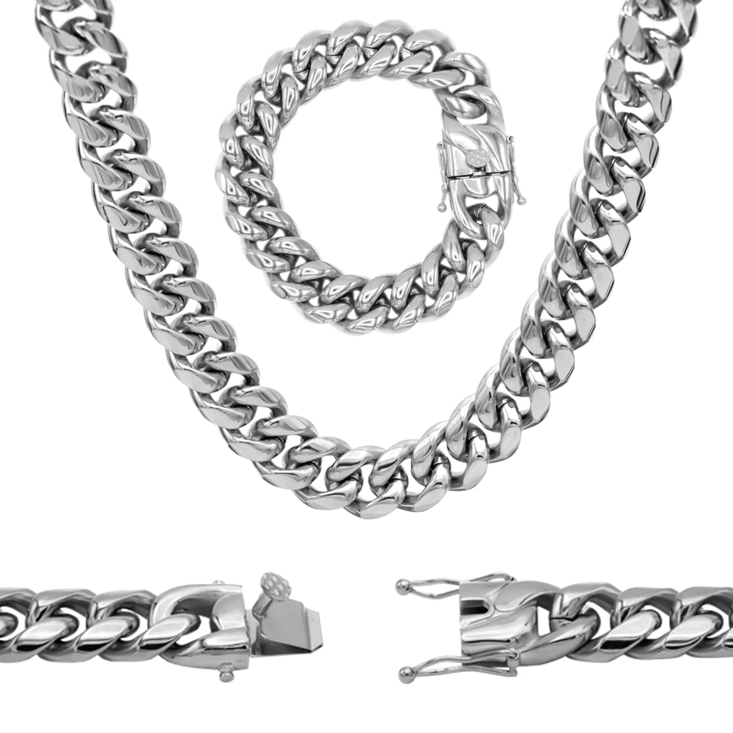 Silver Cuban Link Chain Necklace 30" Bracelet 8.5" Stainless Steel Set For Men