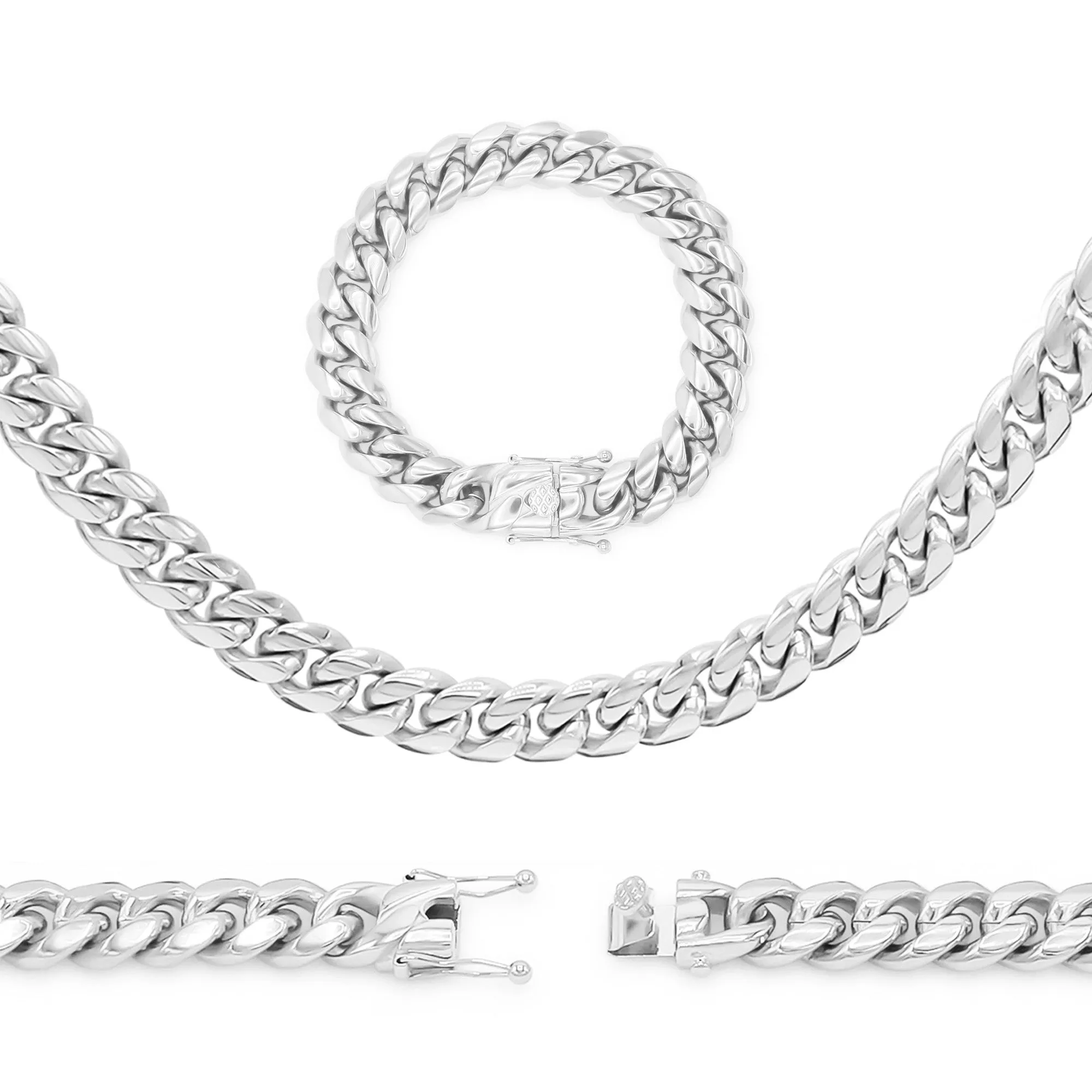 Silver Cuban Link Chain Necklace 30" Bracelet 8.5" Stainless Steel Set For Men
