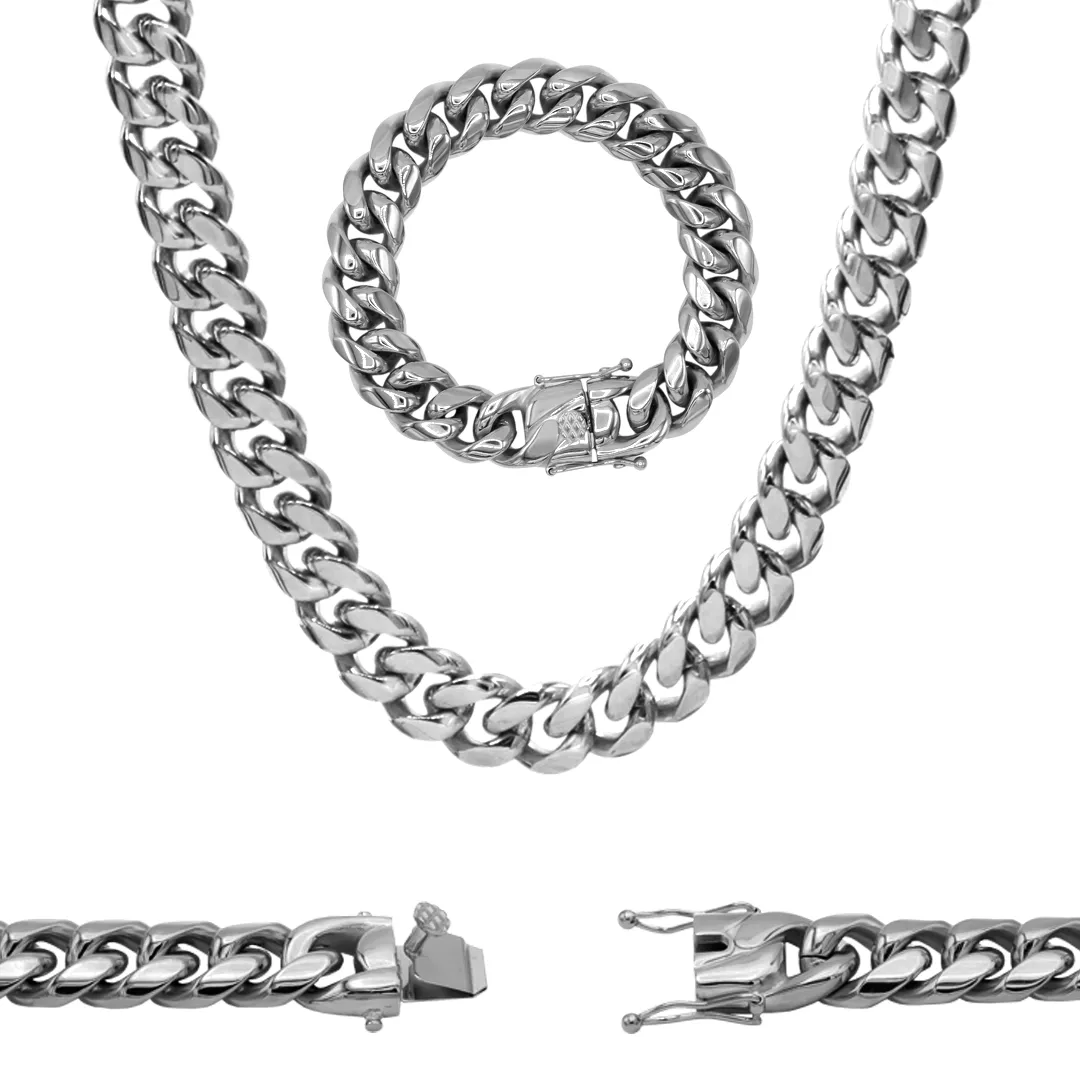 Silver Cuban Link Chain Necklace 30" Bracelet 8.5" Stainless Steel Set For Men