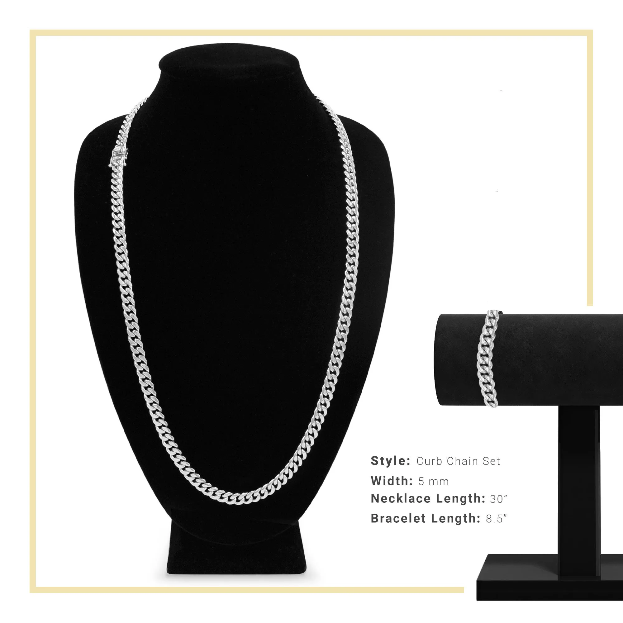 Silver Cuban Link Chain Necklace 30" Bracelet 8.5" Stainless Steel Set For Men