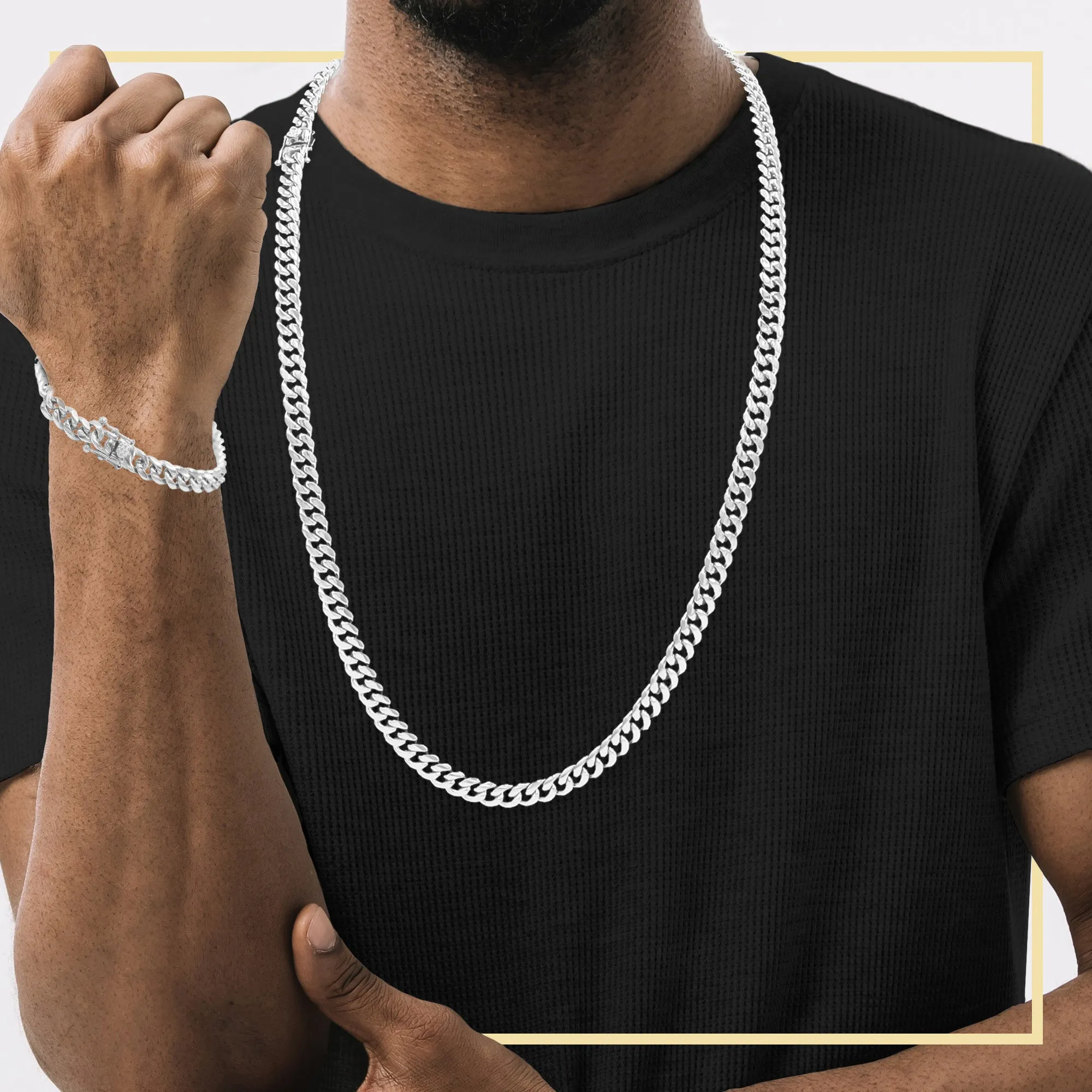 Silver Cuban Link Chain Necklace 30" Bracelet 8.5" Stainless Steel Set For Men