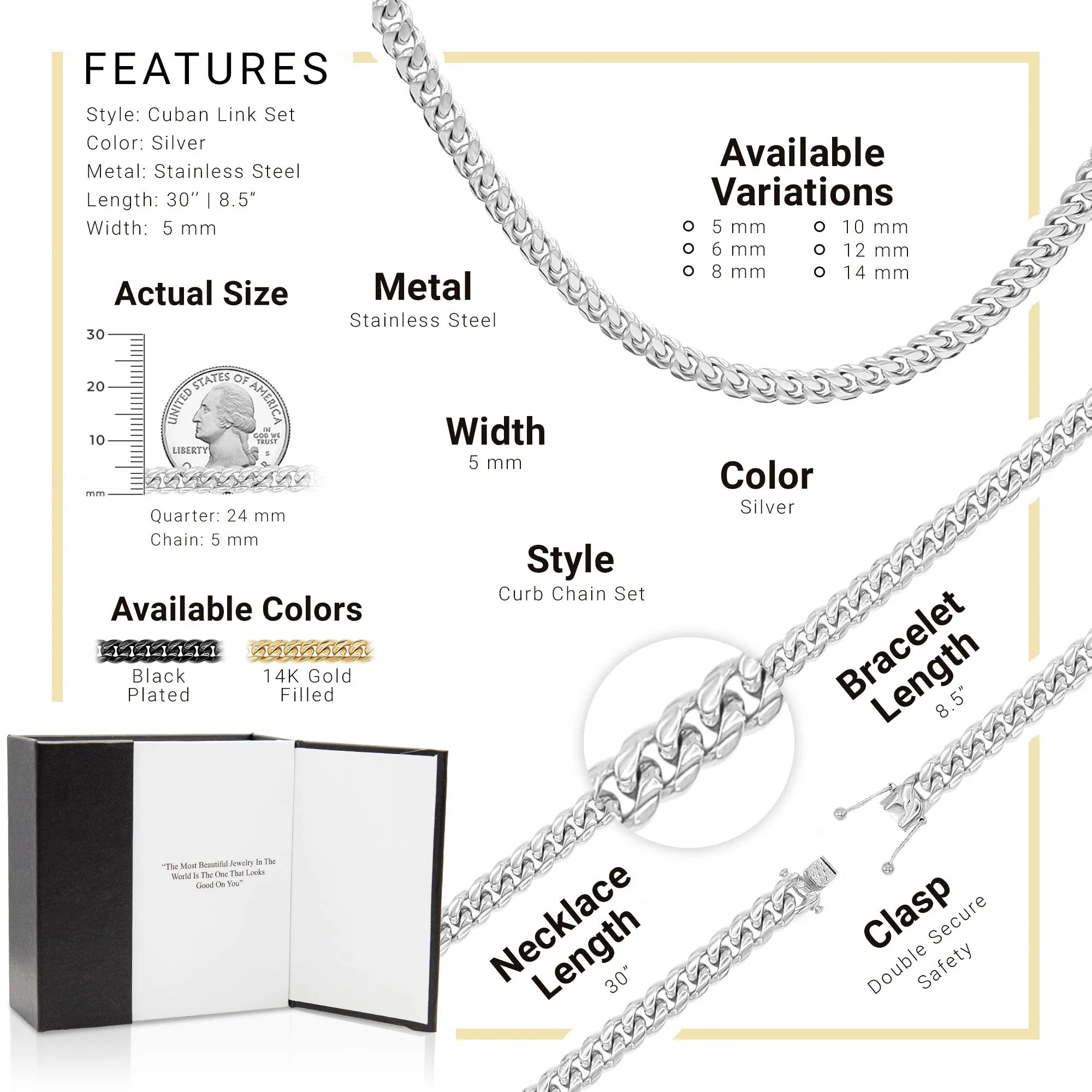 Silver Cuban Link Chain Necklace 30" Bracelet 8.5" Stainless Steel Set For Men