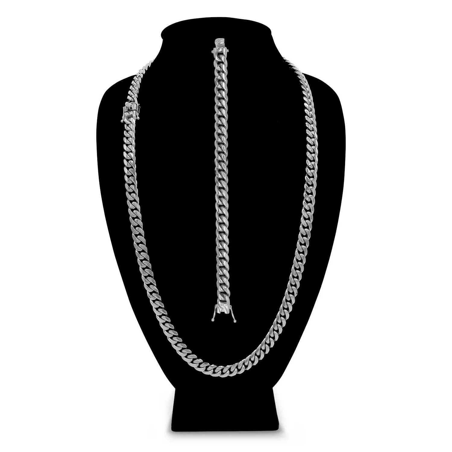 Silver Cuban Link Chain Necklace 30" Bracelet 8.5" Stainless Steel Set For Men
