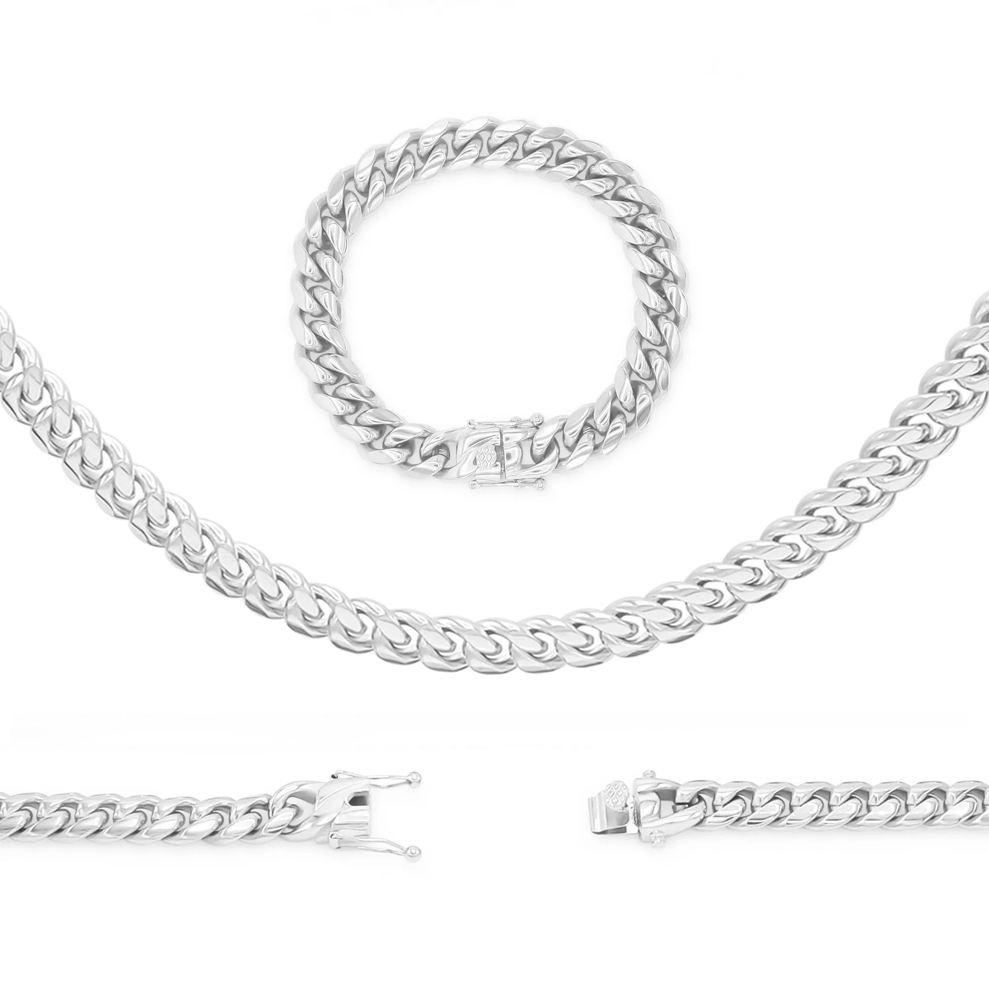 Silver Cuban Link Chain Necklace 30" Bracelet 8.5" Stainless Steel Set For Men