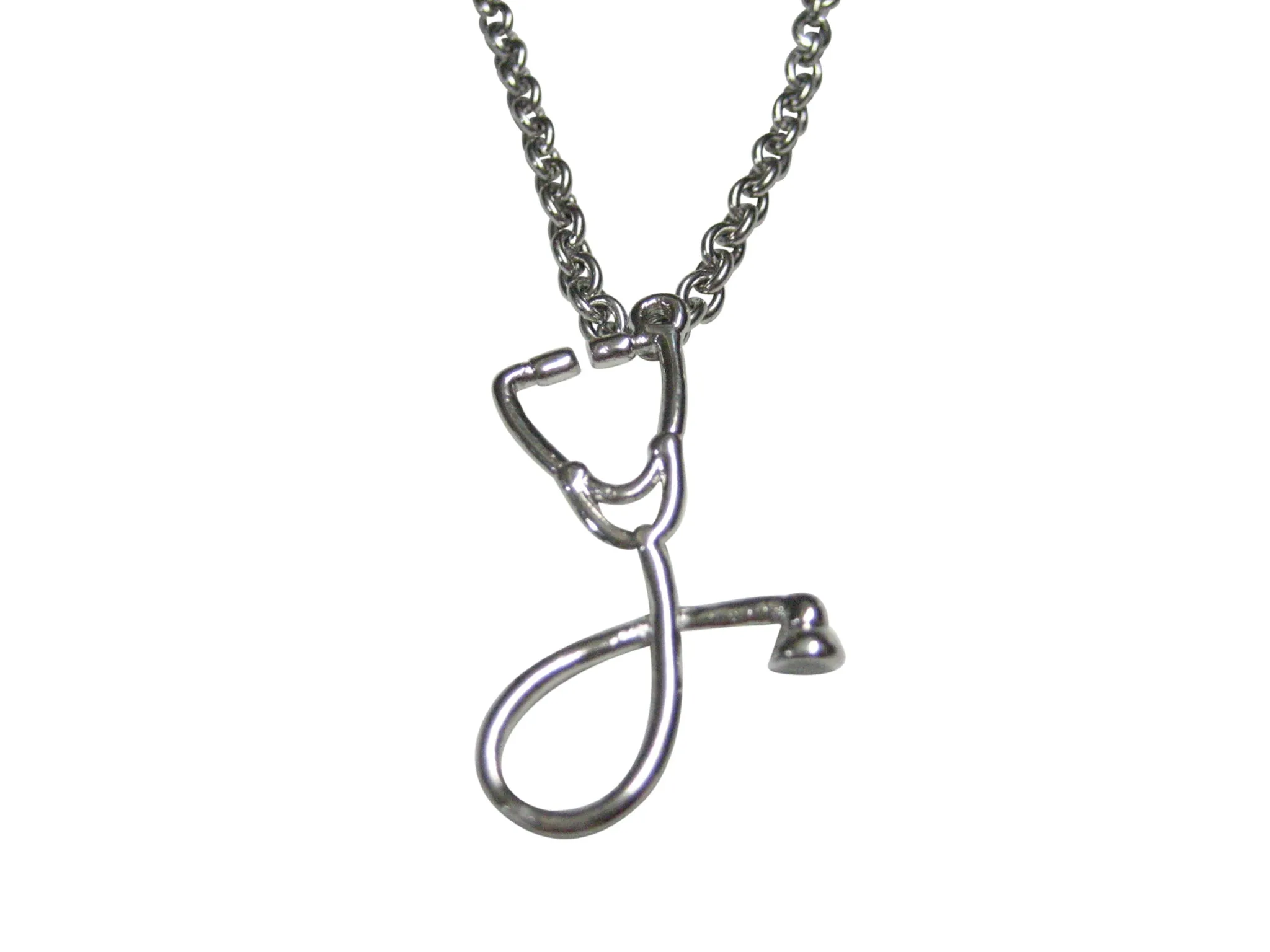 Silver Toned Vertical Medical Stethoscope Pendant Necklace