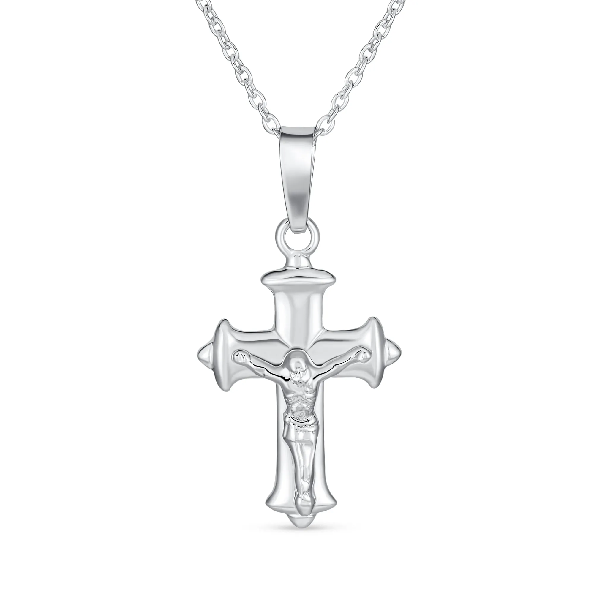 Simple Christian Catholic Pendant Necklace Jesus Crucifix Cross Silver Chain