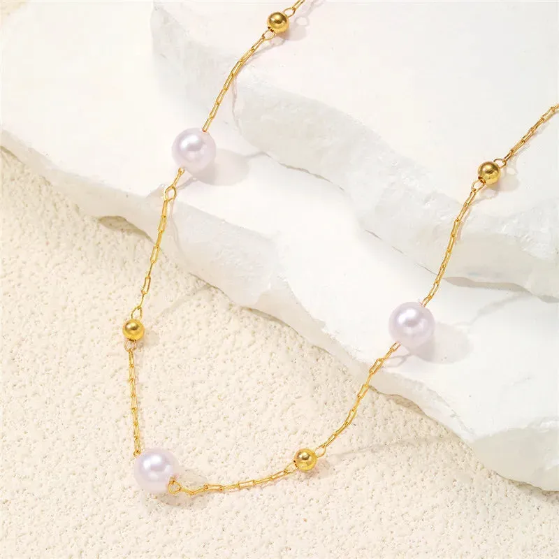 Simple Pearl Beads Chic Exquisite Necklace Gold Color Minimalist Jewelry Women