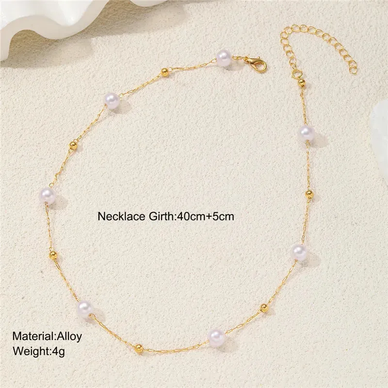 Simple Pearl Beads Chic Exquisite Necklace Gold Color Minimalist Jewelry Women