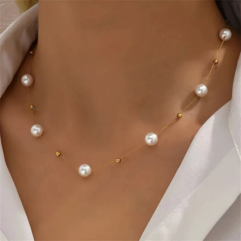 Simple Pearl Beads Chic Exquisite Necklace Gold Color Minimalist Jewelry Women