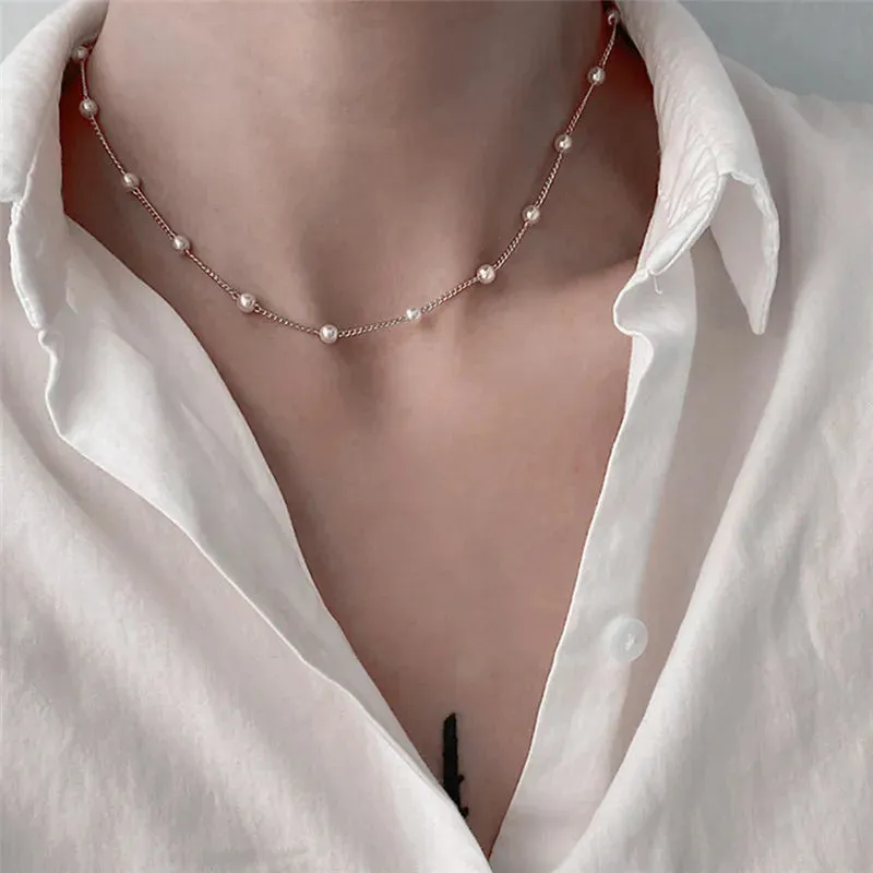 Simple Pearl Beads Chic Exquisite Necklace Gold Color Minimalist Jewelry Women