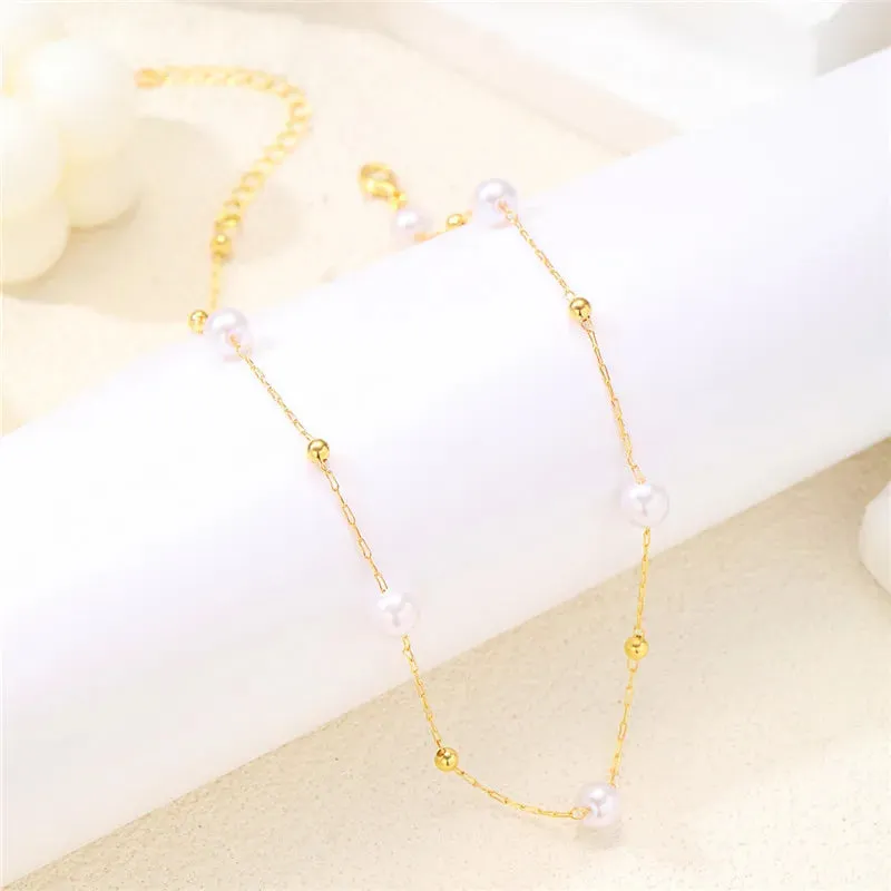 Simple Pearl Beads Chic Exquisite Necklace Gold Color Minimalist Jewelry Women