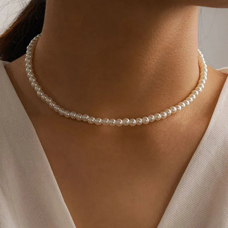 Simple Pearl Beads Chic Exquisite Necklace Gold Color Minimalist Jewelry Women