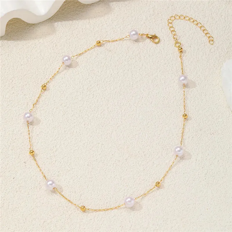 Simple Pearl Beads Chic Exquisite Necklace Gold Color Minimalist Jewelry Women