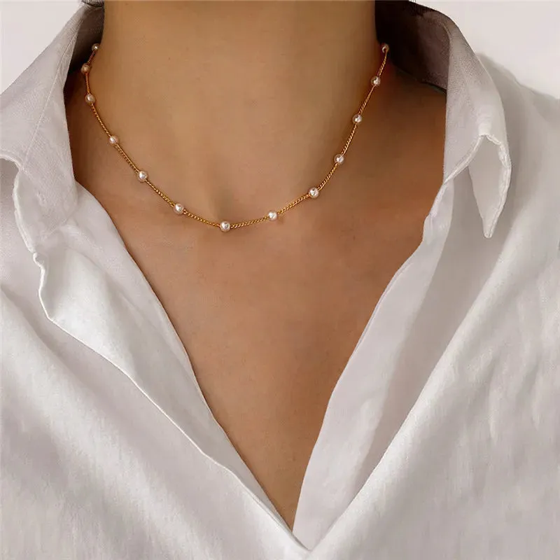 Simple Pearl Beads Chic Exquisite Necklace Gold Color Minimalist Jewelry Women