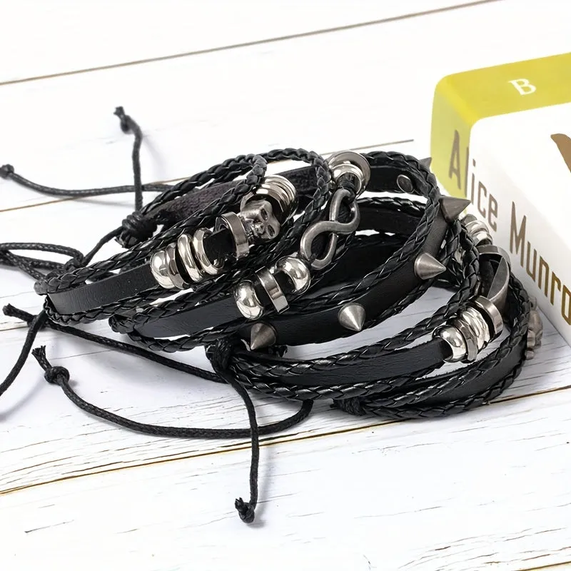 Skull Figure 8 Alloy & Cowhide Bracelet Set