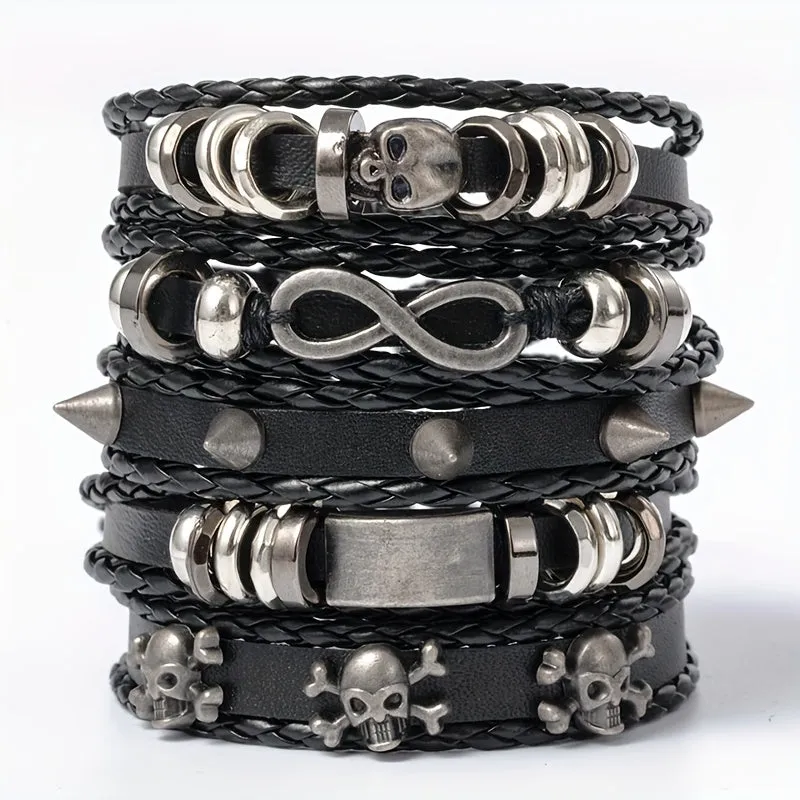Skull Figure 8 Alloy & Cowhide Bracelet Set