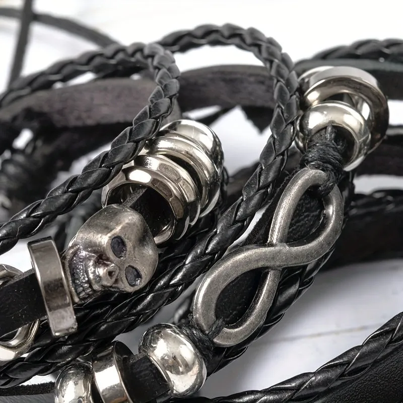 Skull Figure 8 Alloy & Cowhide Bracelet Set