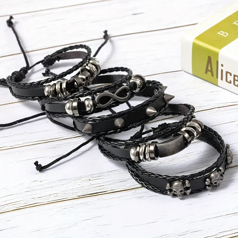 Skull Figure 8 Alloy & Cowhide Bracelet Set