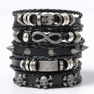 Skull Figure 8 Alloy & Cowhide Bracelet Set