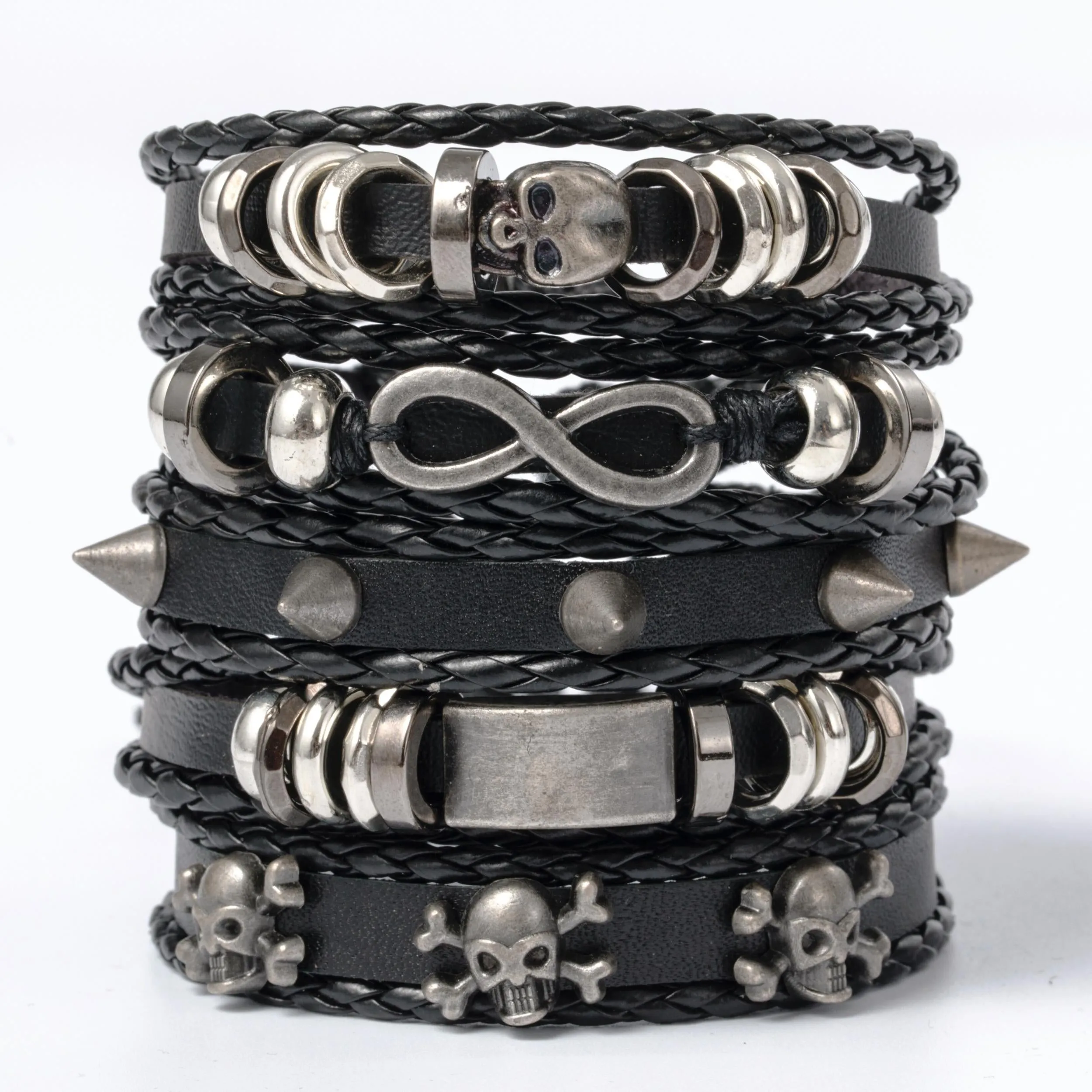 Skull Figure 8 Alloy & Cowhide Bracelet Set