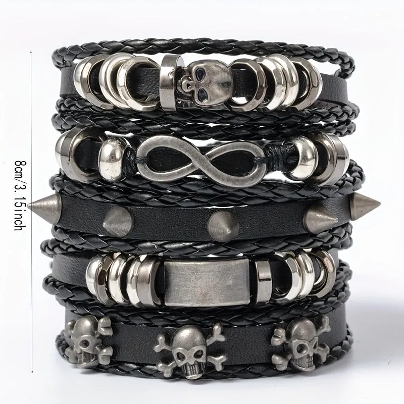 Skull Figure 8 Alloy & Cowhide Bracelet Set