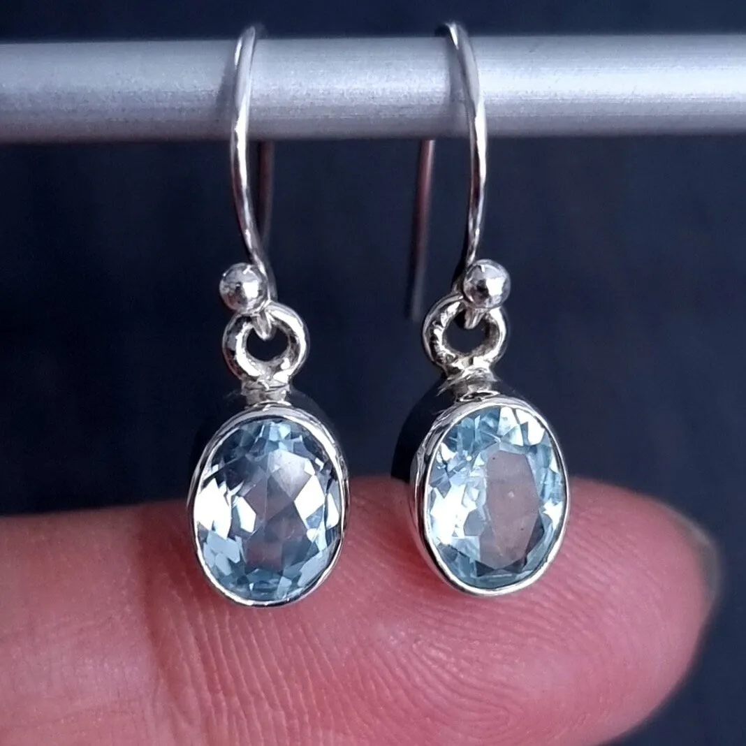 Small Oval Blue Topaz 925 Silver Dangle Earrings, E7BT