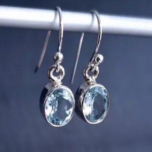 Small Oval Blue Topaz 925 Silver Dangle Earrings, E7BT