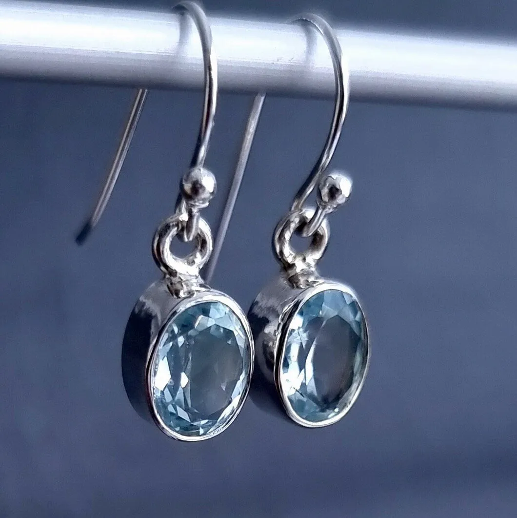 Small Oval Blue Topaz 925 Silver Dangle Earrings, E7BT