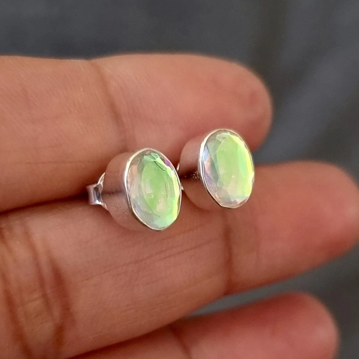Small Oval Mystic Mercury Mist Topaz Stud Silver Earrings, FQZS7