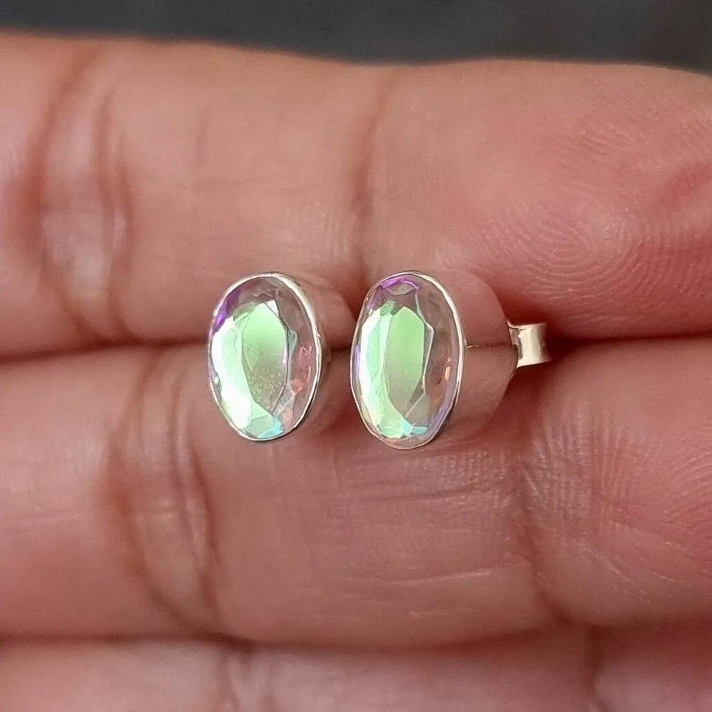 Small Oval Mystic Mercury Mist Topaz Stud Silver Earrings, FQZS7