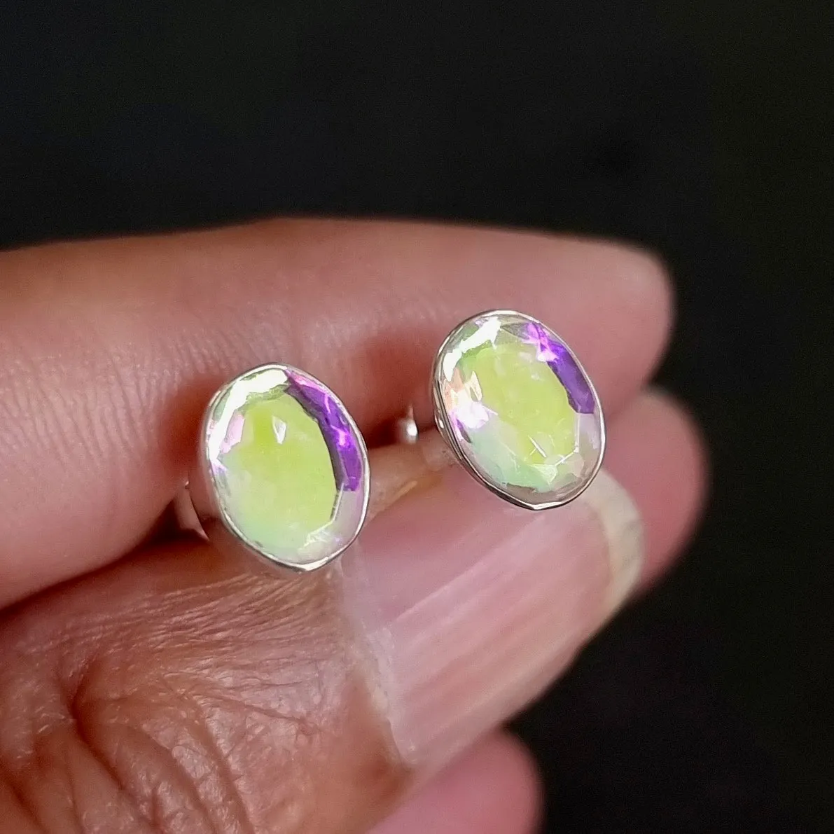 Small Oval Mystic Mercury Mist Topaz Stud Silver Earrings, FQZS7
