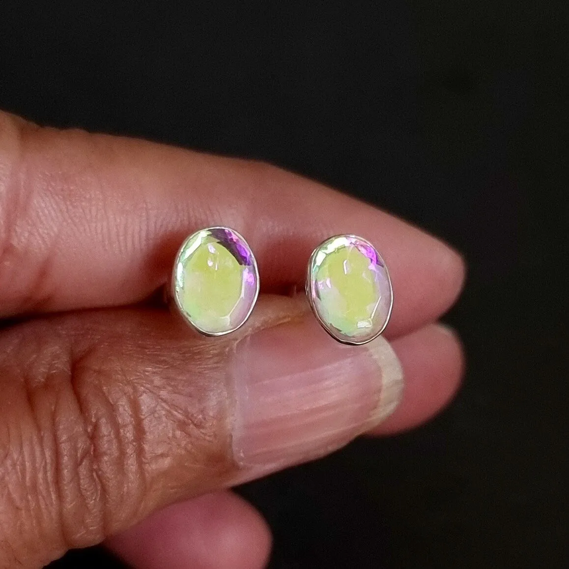 Small Oval Mystic Mercury Mist Topaz Stud Silver Earrings, FQZS7