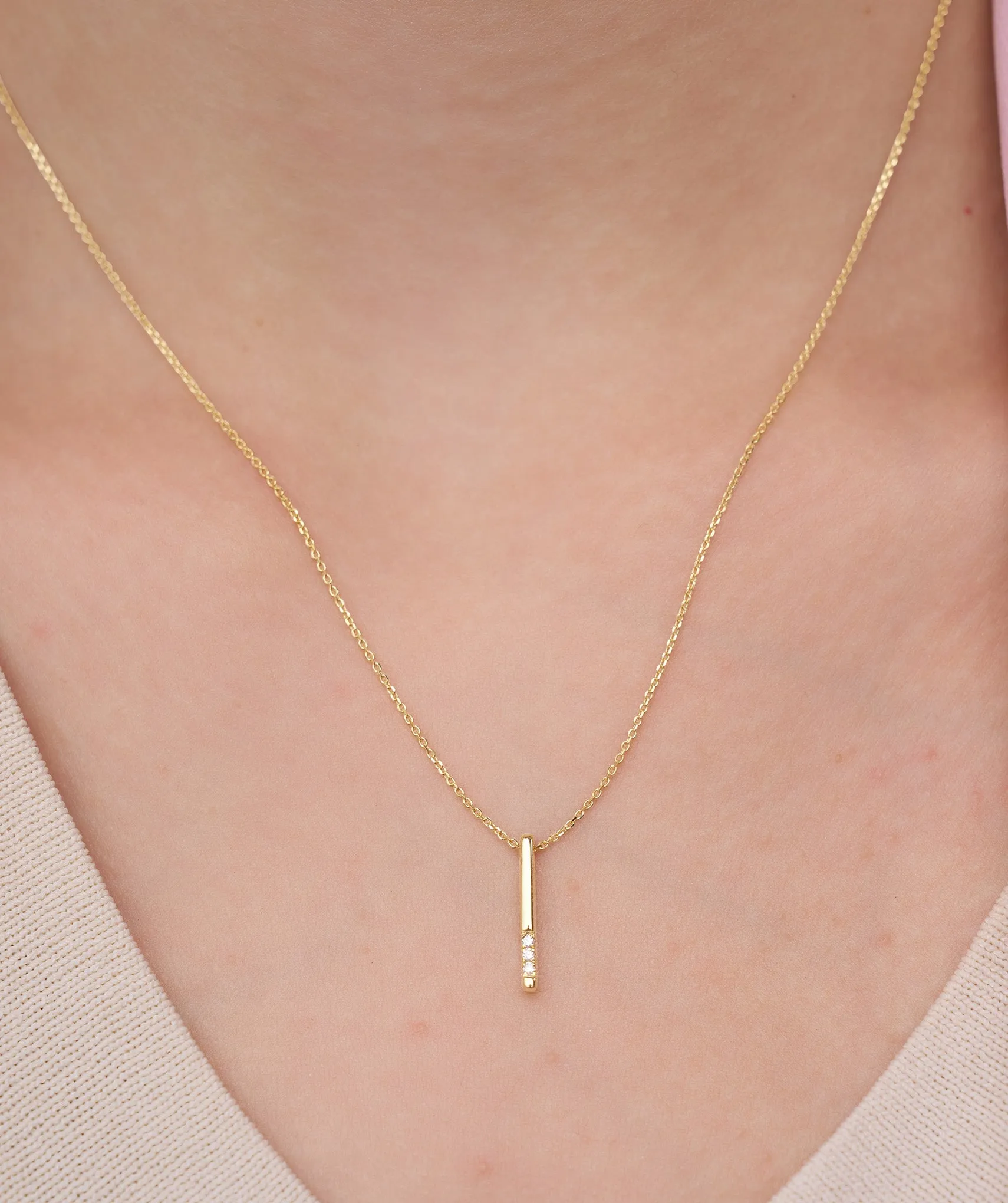 Solid 14K Gold Bar Diamond Necklace