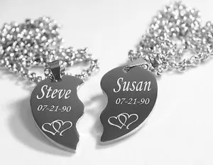 SOLID STAINLESS STEEL HEARTS SPLIT HEART NECKLACES LOVE FREE ENGRAVING