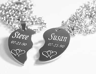 SOLID STAINLESS STEEL HEARTS SPLIT HEART NECKLACES LOVE FREE ENGRAVING