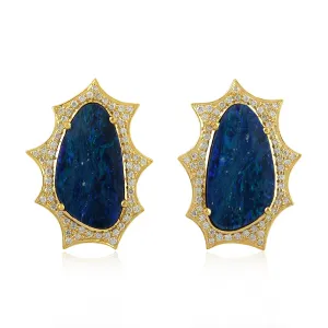 Solid Yellow Gold Designer Stud Opal Doublet Prong Natural Diamond Jewelry