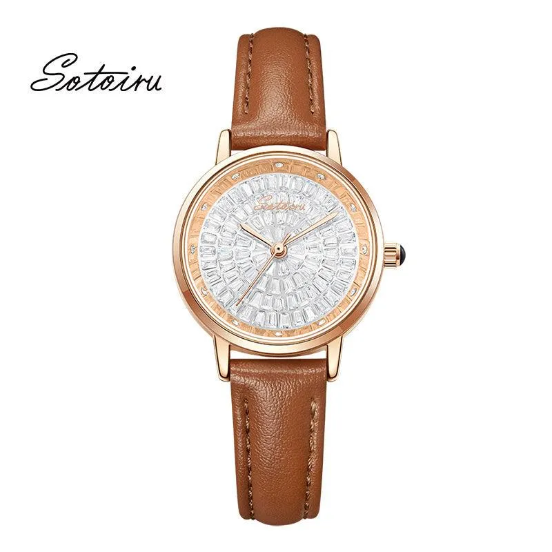 Sotoiru Women's Watches Round Full Zircon Leather Watch for Work T2031W