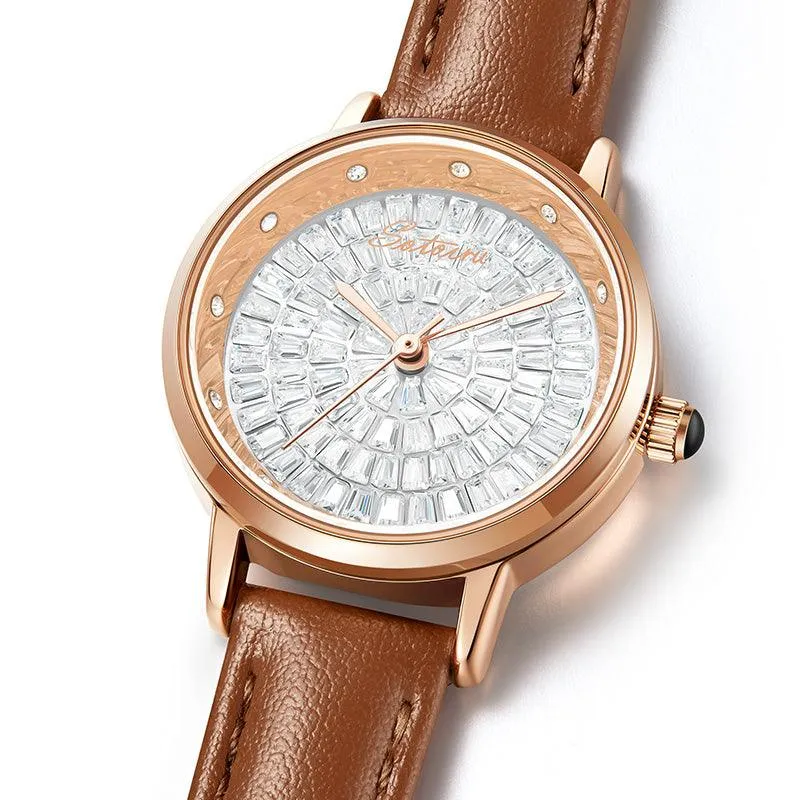 Sotoiru Women's Watches Round Full Zircon Leather Watch for Work T2031W