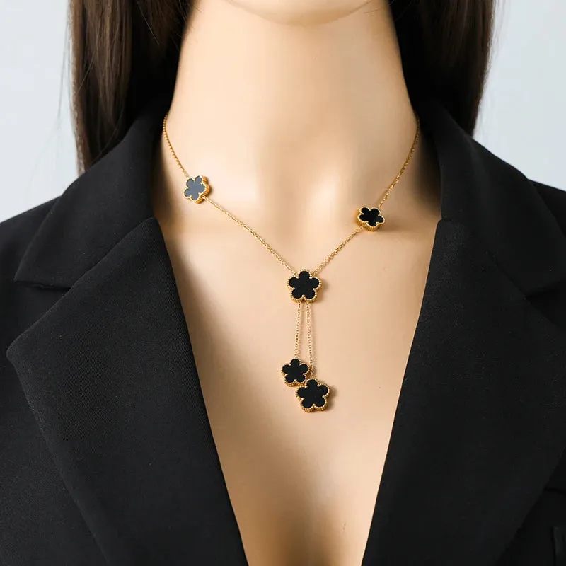 Stainless Steel Black Five Leaf Clover Tassel Pendant Necklace