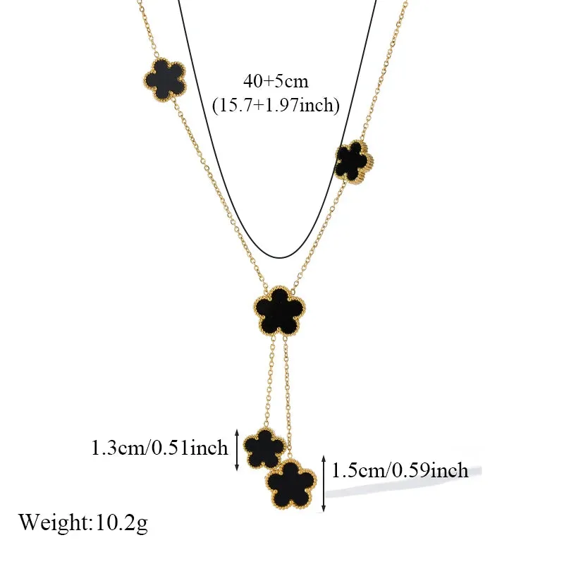 Stainless Steel Black Five Leaf Clover Tassel Pendant Necklace