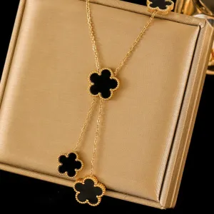 Stainless Steel Black Five Leaf Clover Tassel Pendant Necklace
