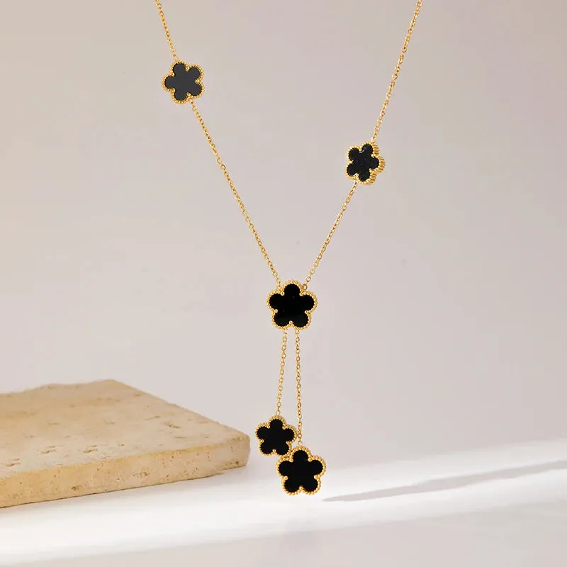 Stainless Steel Black Five Leaf Clover Tassel Pendant Necklace
