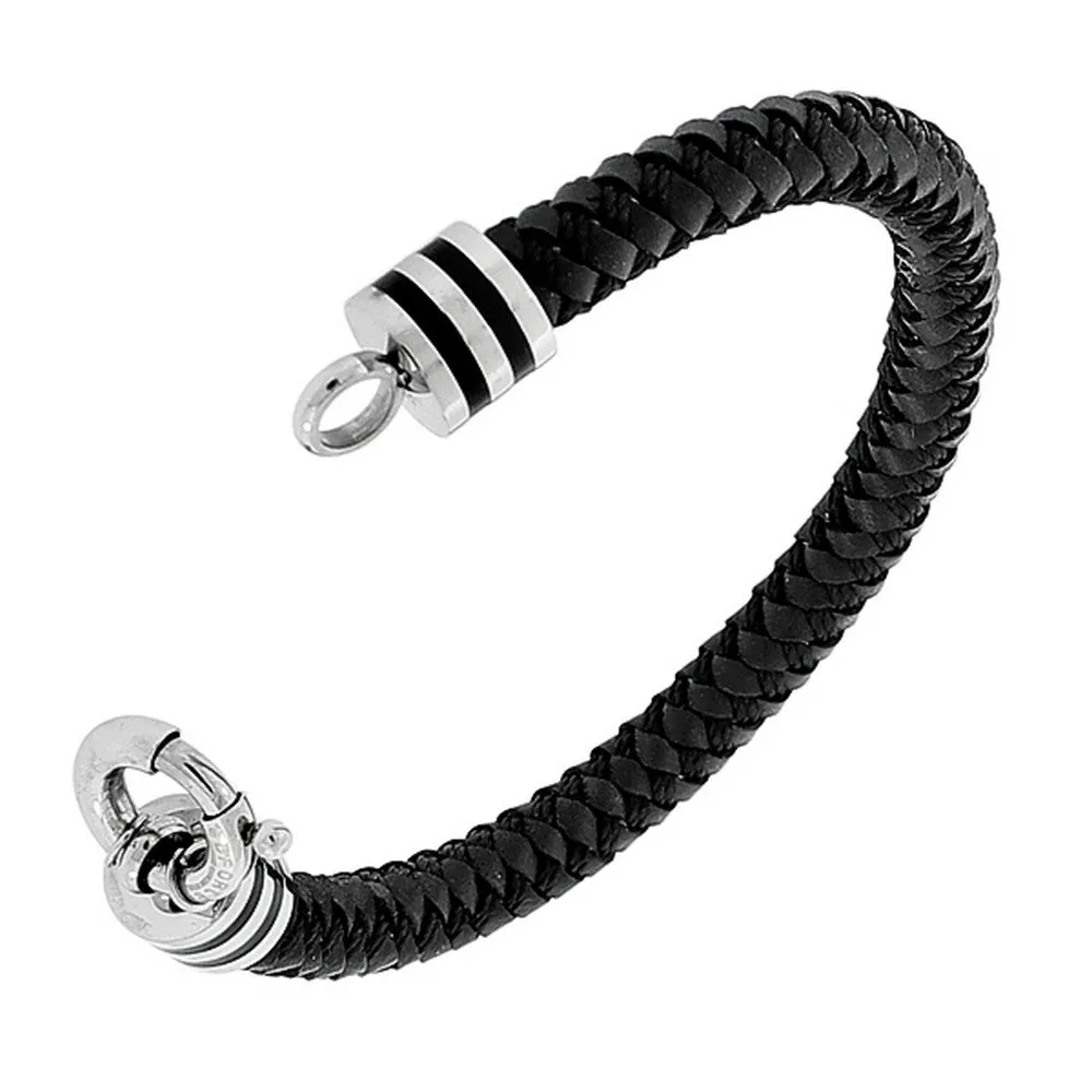 Stainless Steel Black Leather Silver-Tone Wristband Men's Bracelet