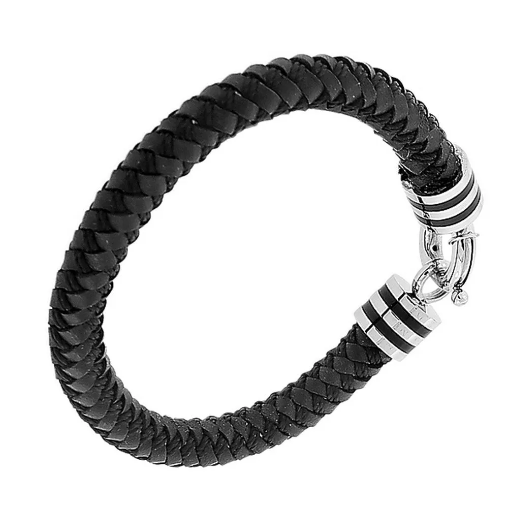 Stainless Steel Black Leather Silver-Tone Wristband Men's Bracelet