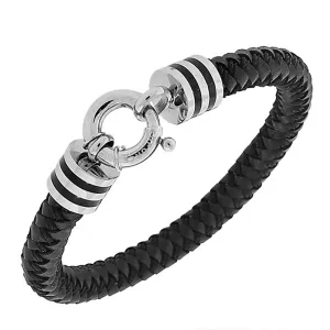 Stainless Steel Black Leather Silver-Tone Wristband Men's Bracelet