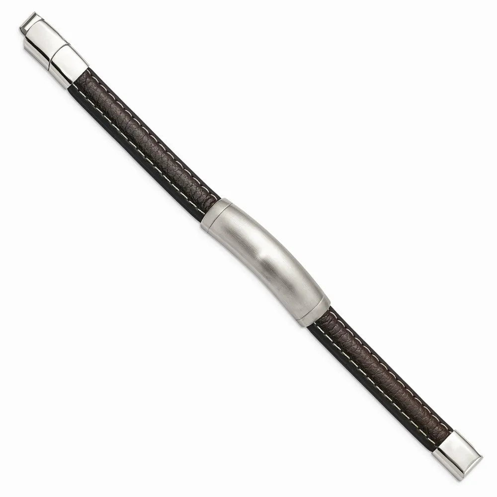 Stainless Steel Brushed Dark Brown Leather w/.5in ext 8in ID Bracelet