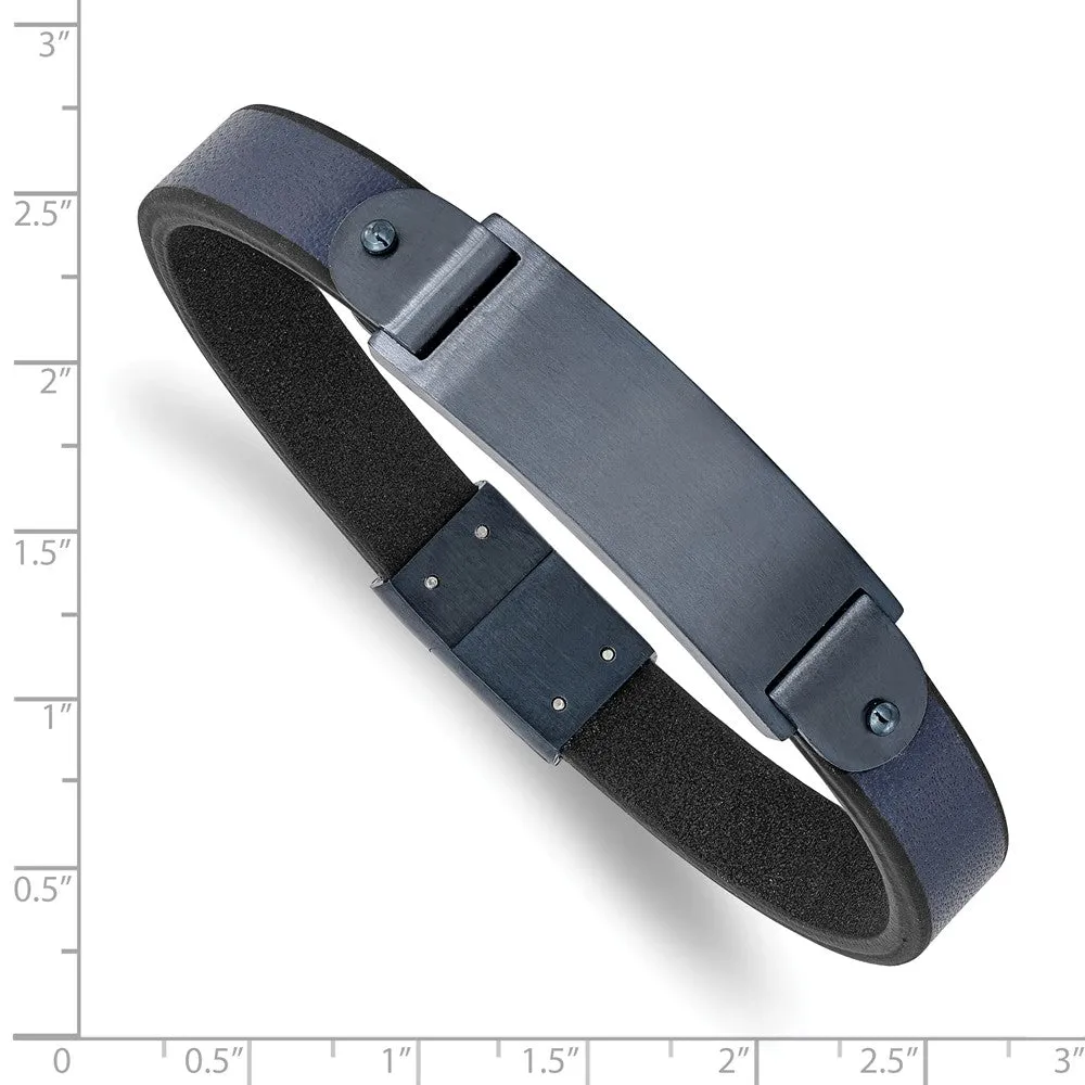 Stainless Steel Brushed Dark Grey IP-plated Blue Leather 8.5in ID Bracelet