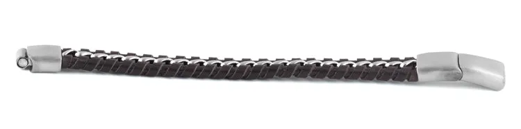 Stainless Steel Curb Chain Dark Brown Leather Bracelet